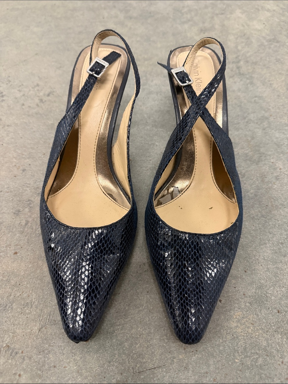Calvin Klein Navy Snake-Embossed Slingback Pumps